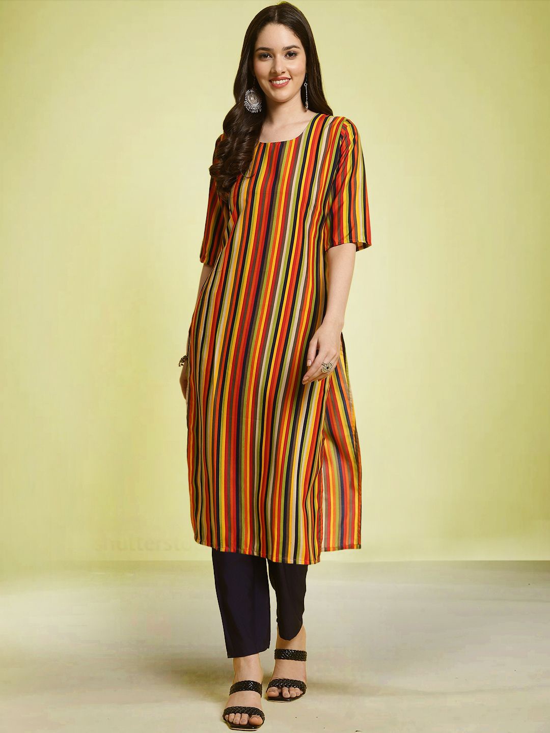 

Moda Rapido Striped Round Neck Straight Kurta with Trouser, Yellow