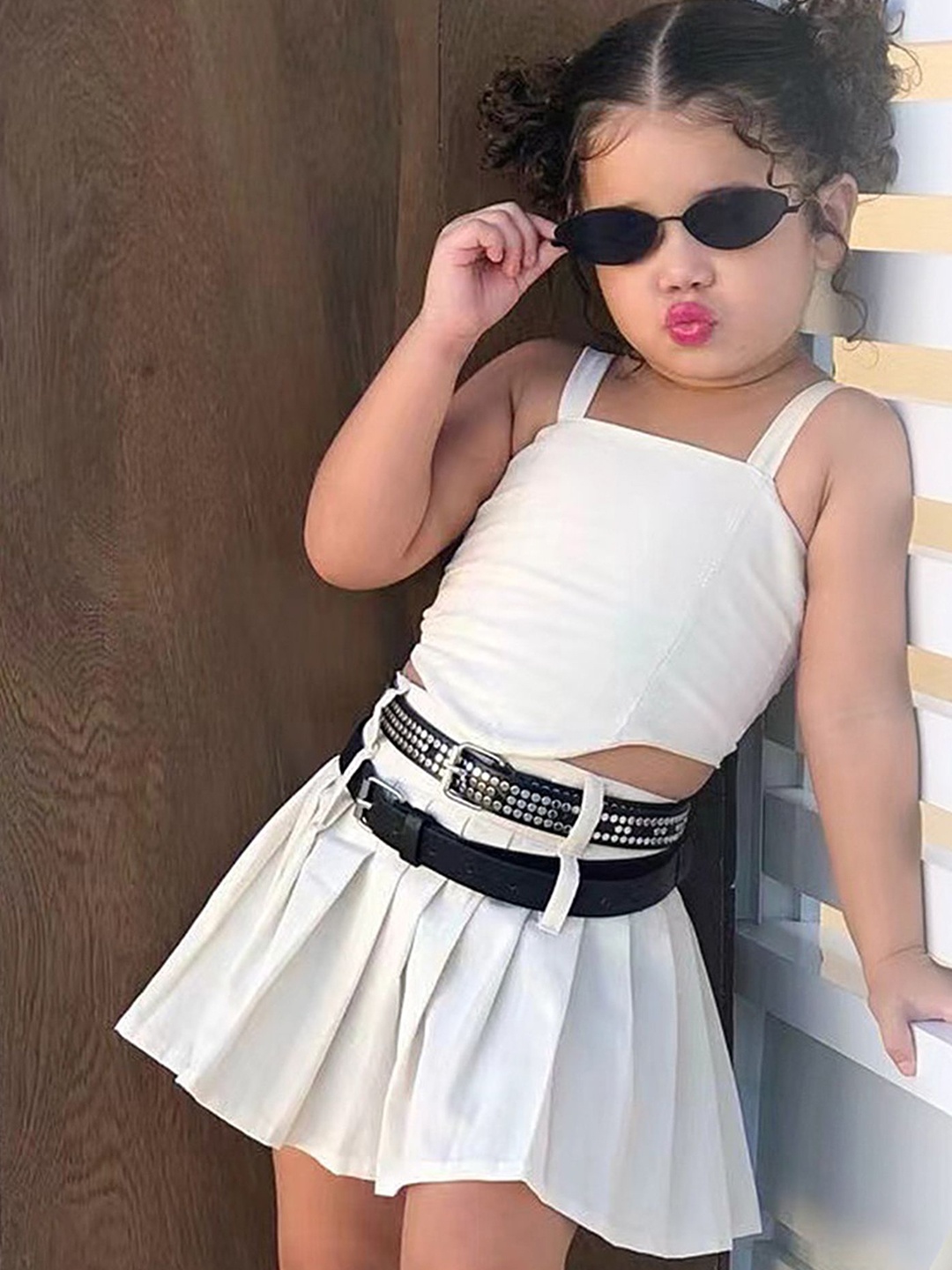 

LULU & SKY Girls Pure Cotton Top With Skirt & Buckle Belt, White