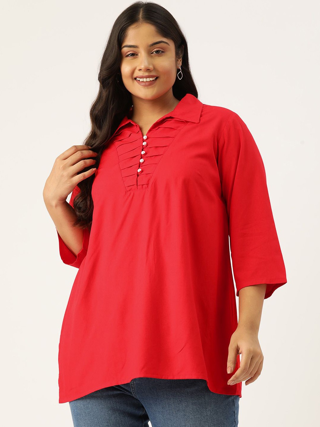 

theRebelinme Shirt Style Plus Size Longline Woven Top, Red