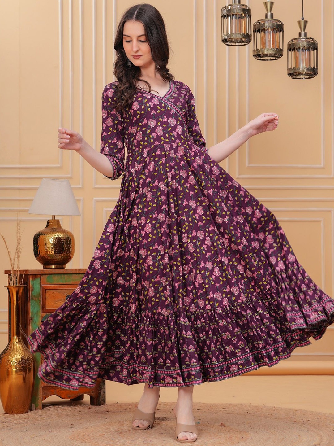 

KIRNYA Floral Printed V Neck Angrakha Cotton Anarkali Ethnic Dresses, Maroon