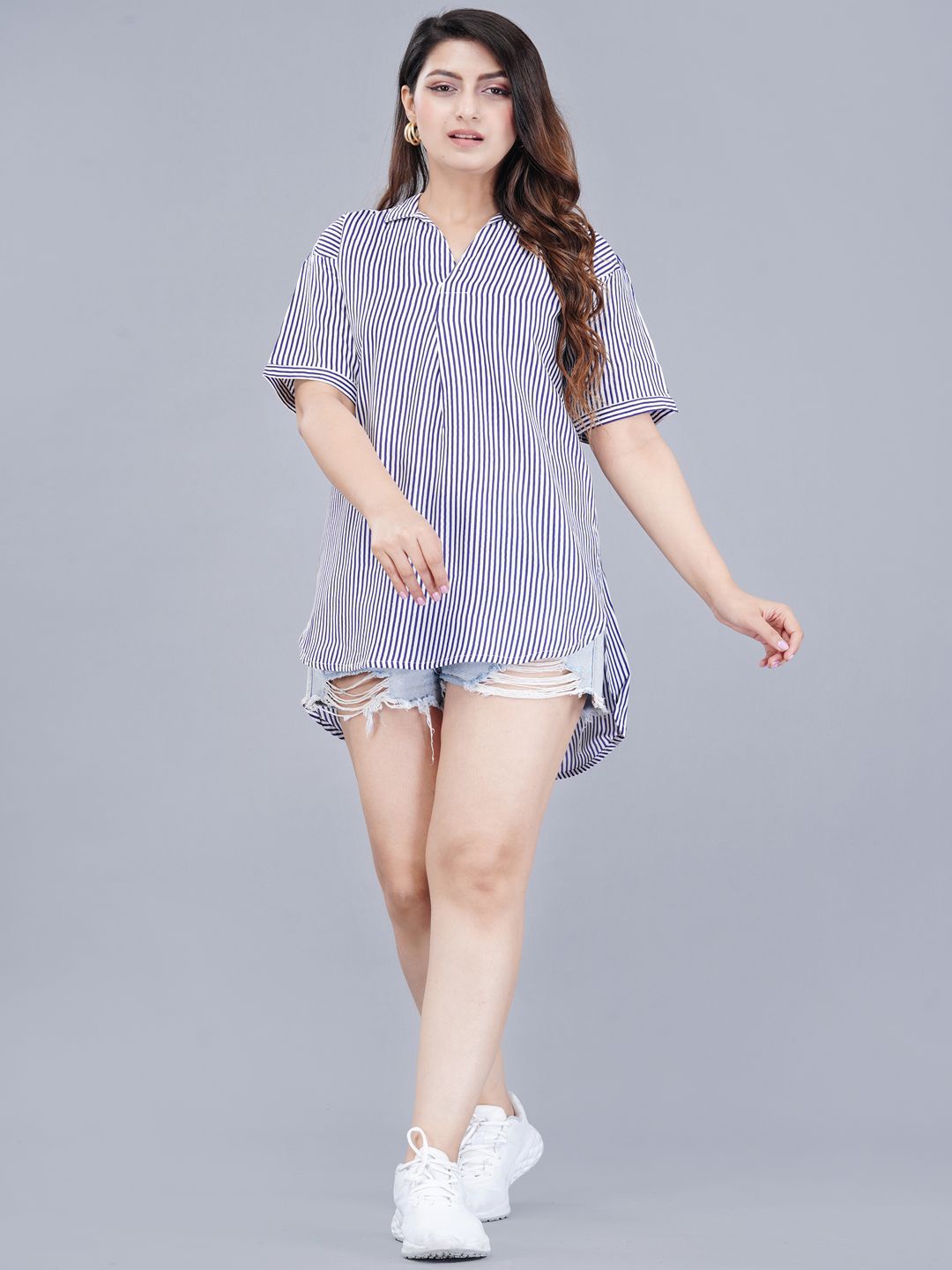 

DMPRSN ATTIRE Women Striped Shirt Mini Dress, Blue