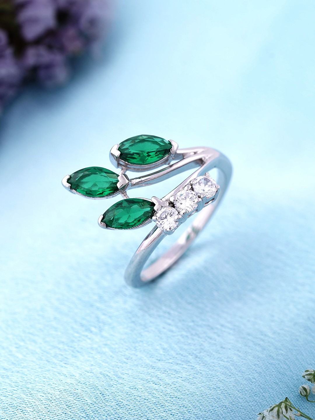 

Zalkari 925 Sterling Sliver- Plated Emerald Studded Finger Ring, Silver