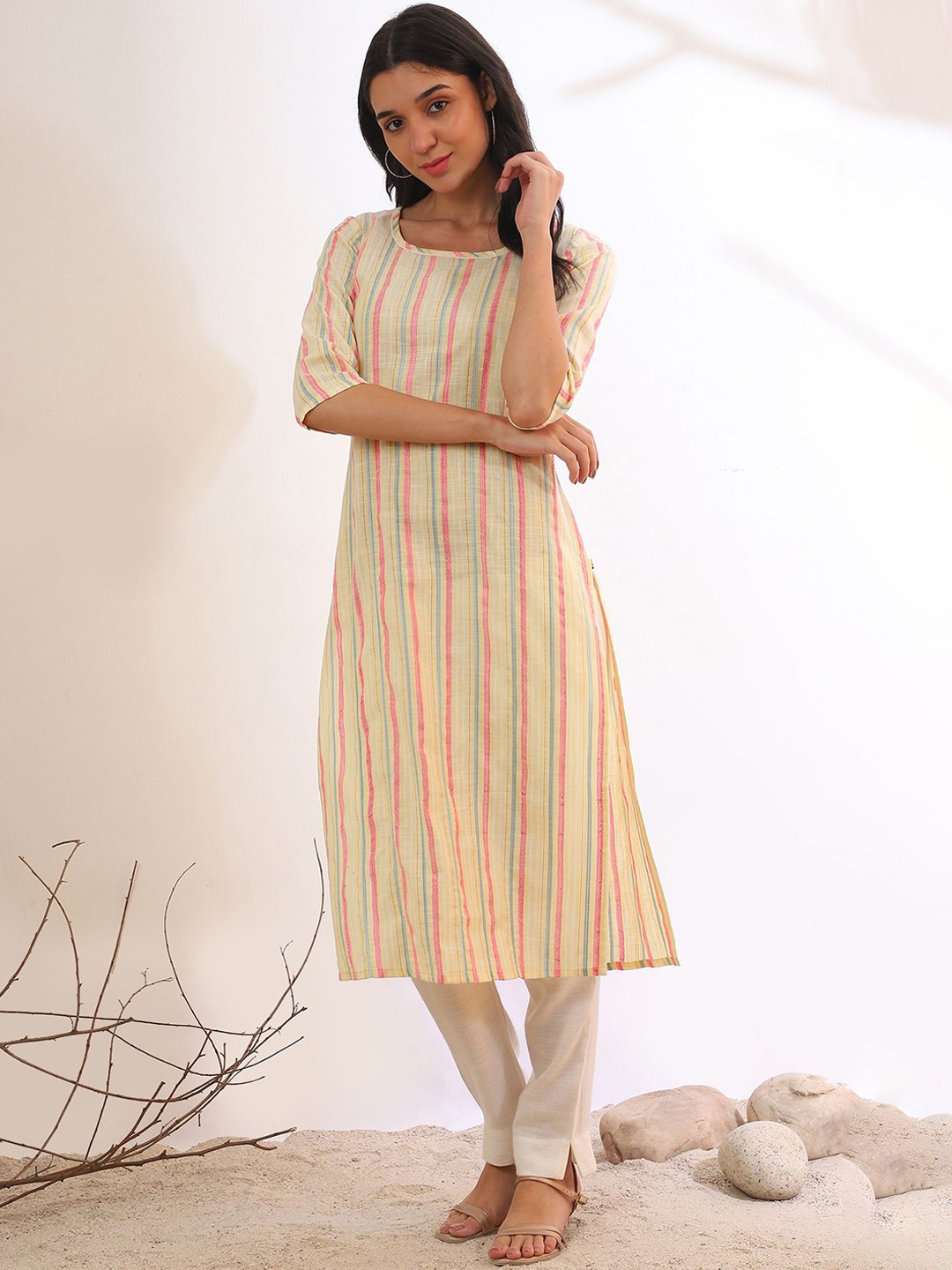 

AURELIA Striped Round Neck Cotton Straight Kurta, Yellow