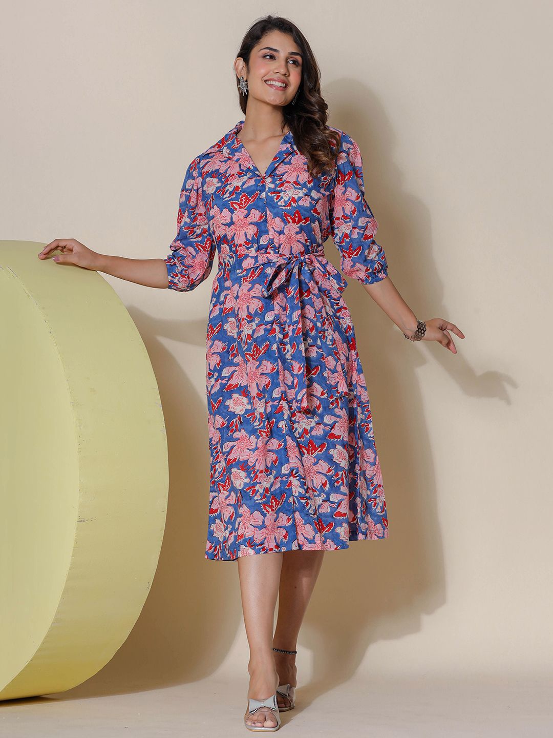 

Eco Clothing Floral Print Puff Sleeve Cotton A-Line Midi Dress, Blue