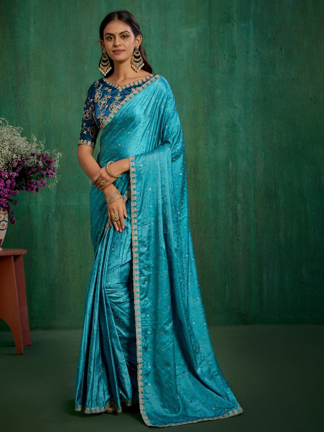 

TIRA Embellished Embroidered Satin Saree, Turquoise blue