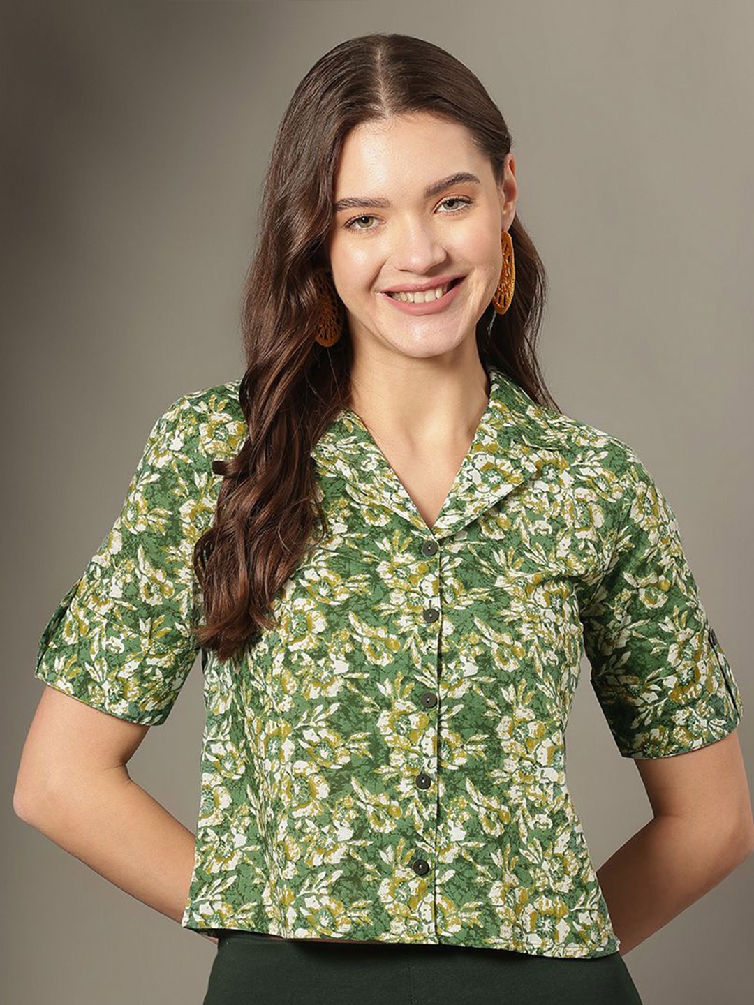 

KALINI Floral Printed Roll-Up Sleeves Cotton Shirt Style Crop Top, Green