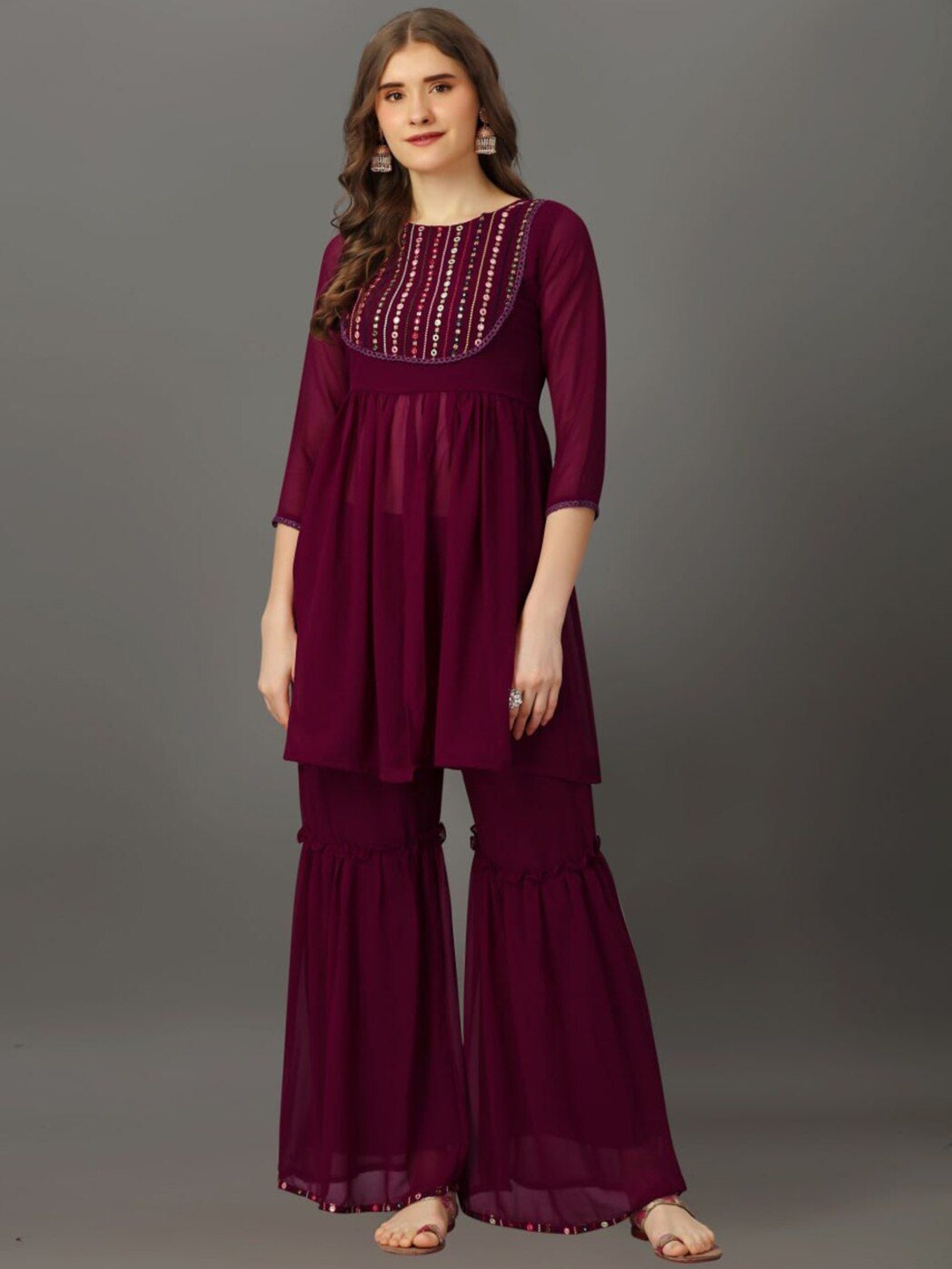 

ASCIIBLUES Women Floral Yoke Design Regular Kurta with Trousers, Purple
