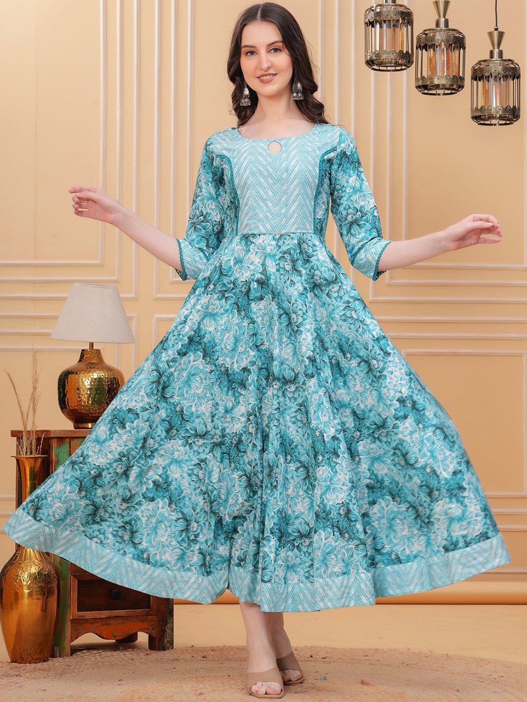 

KIRNYA Floral Printed Pleated Keyhole Neck Pure Cotton Fit & Flare Ethnic Dress, Blue