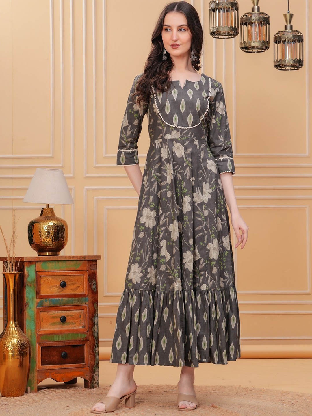 

KIRNYA Floral Printed Notch Neck Gotta Patti Cotton Anarkali Ethnic Dress, Grey