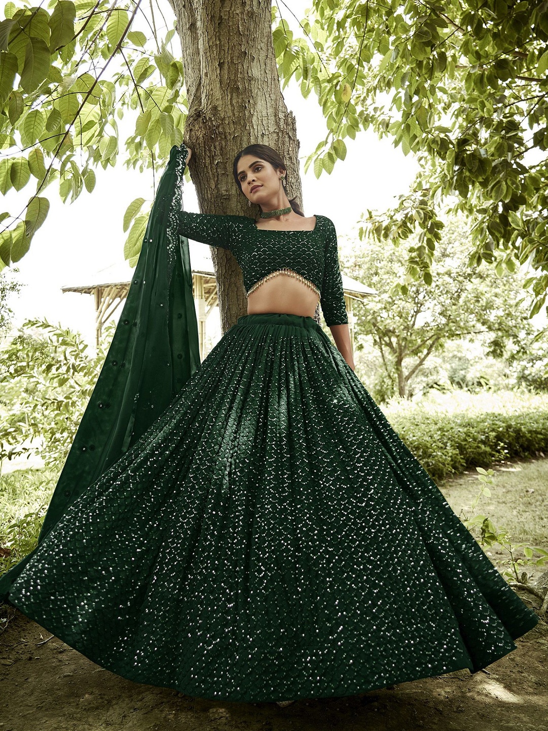 

Warthy Ent Embroidered Sequinned Semi-Stitched Lehenga & Unstitched Blouse With Dupatta, Green