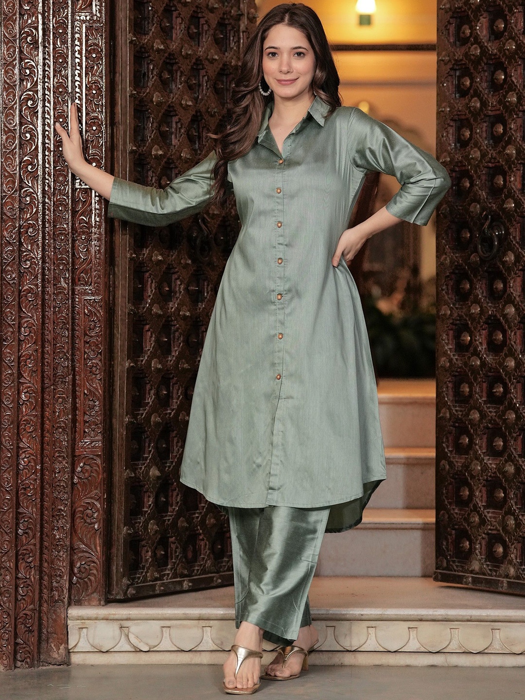 

PINGAKSH Women Regular Pure Cotton Kurta with Trousers, Green