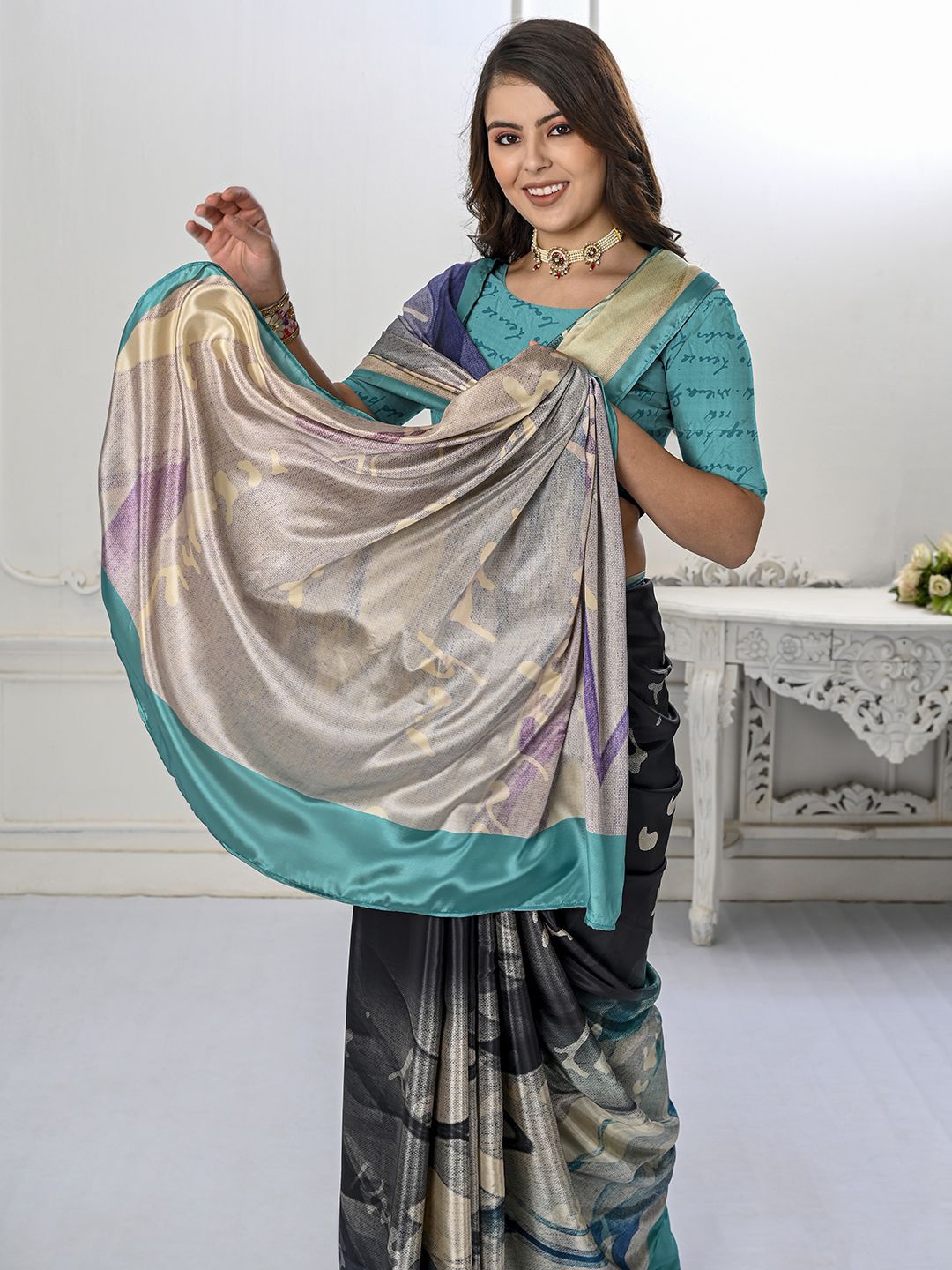 

Krimmple Poly Crepe Mysore Silk Saree, Blue
