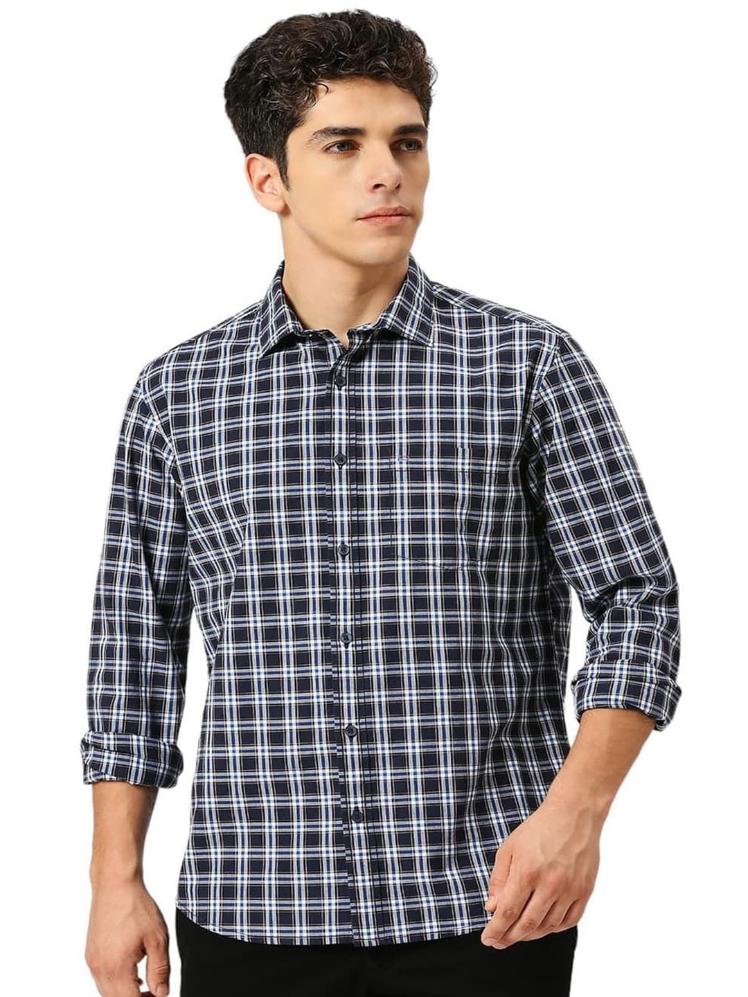 

Basics Men Slim Fit Spread Collar Tartan Checked Cotton Casual Shirt, Navy blue