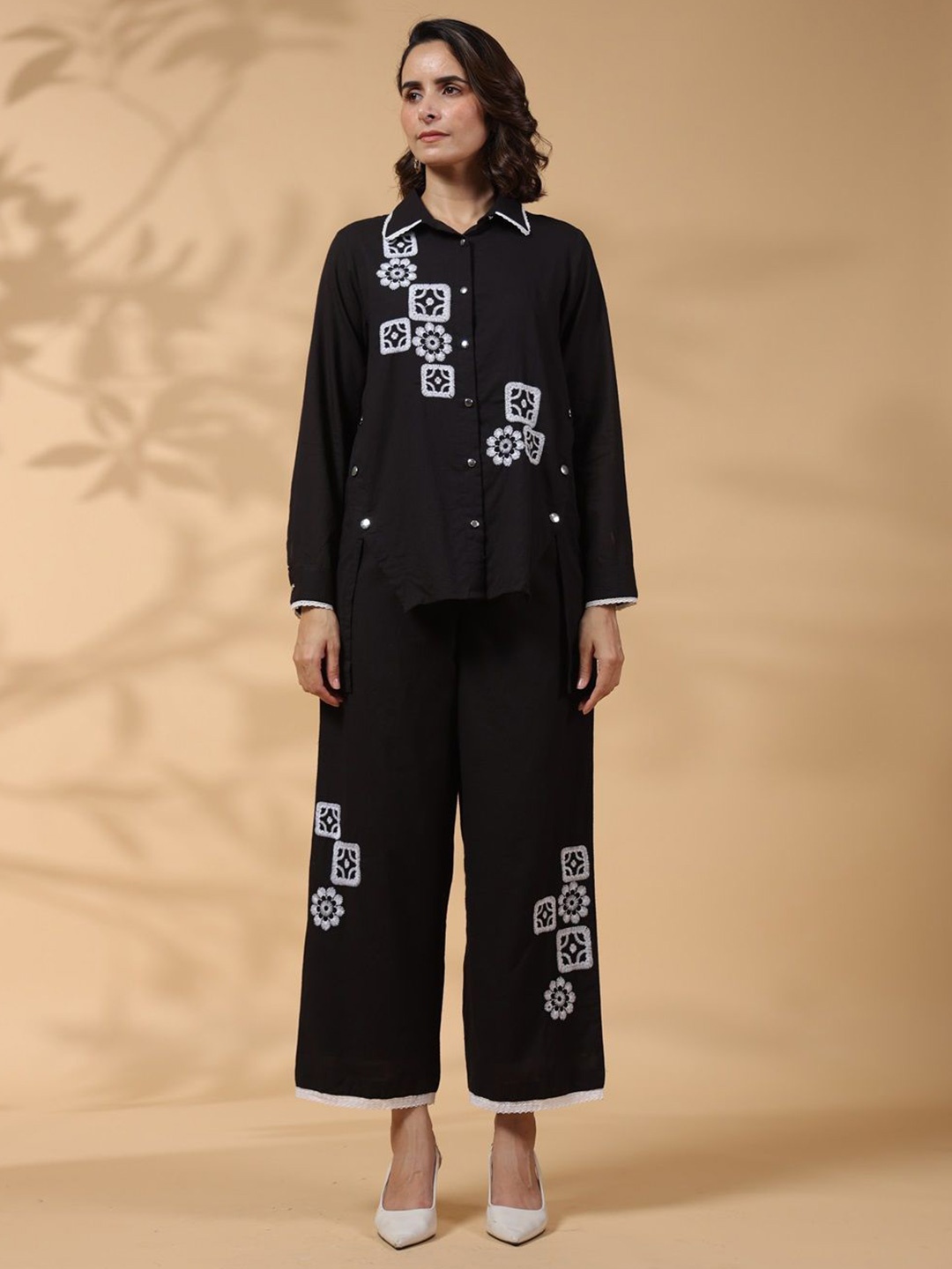 

STIL O STITCH Embroidered Shirt Collar Pure Cotton Shirt With Palazzos, Black