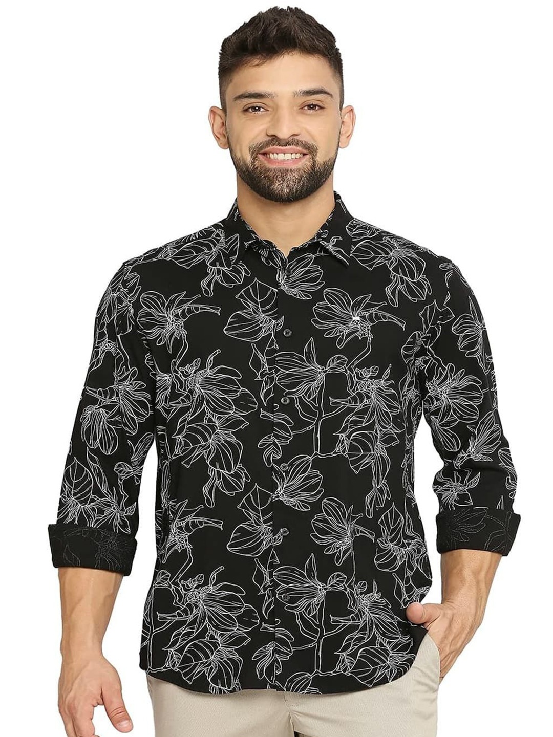 

Basics Men Slim Fit Spread Collar Floral Printed Cotton Casual Shirt, Black
