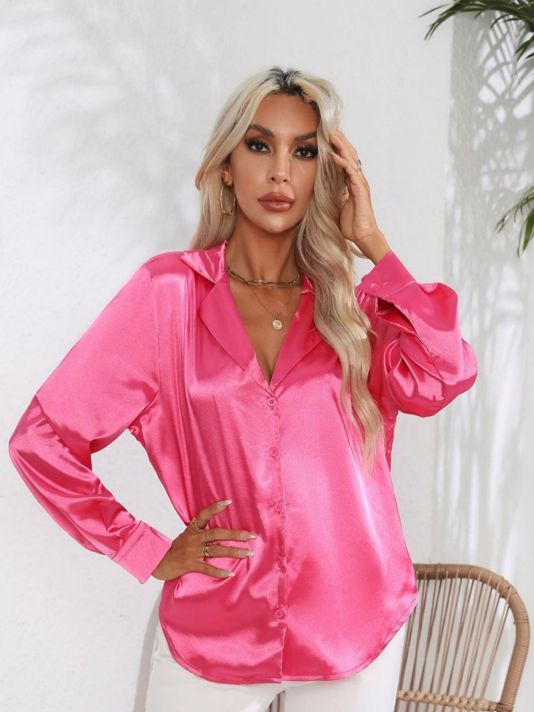 

Oh Rare Women Cuban Collar Solid Casual Shirt, Pink