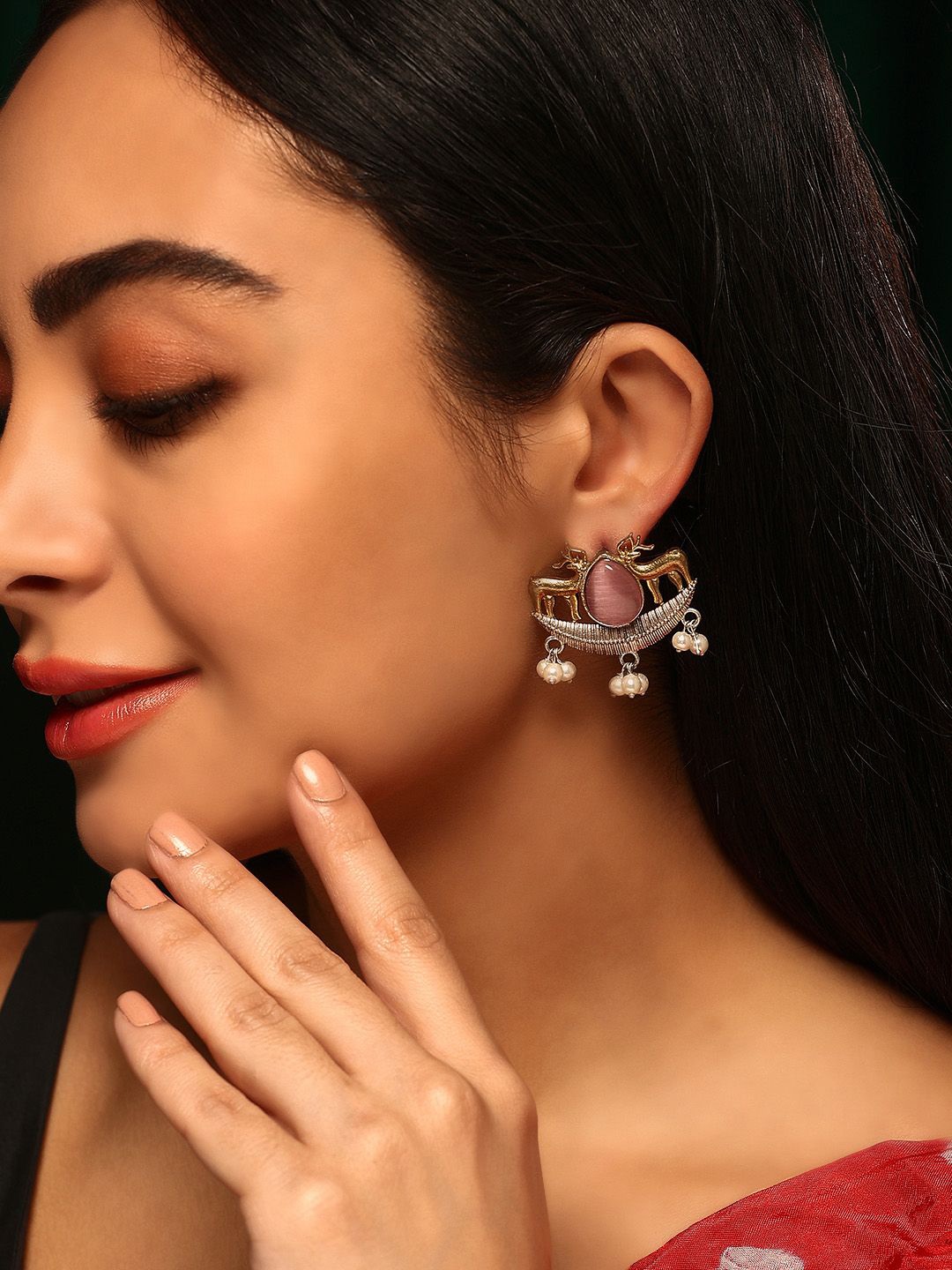 

Priyaasi Gold-Plated Crystal Stone Studded & Beaded Contemporary Chandbalis, Pink