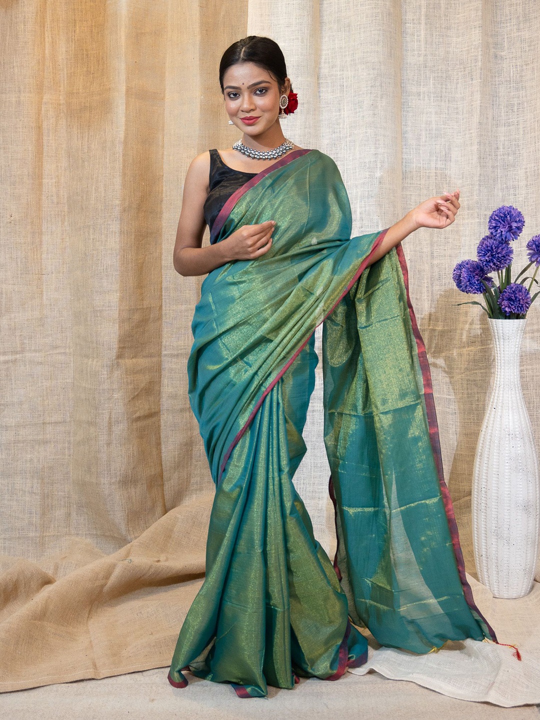 

Uttariya Woven Design Pure Cotton Saree, Turquoise blue