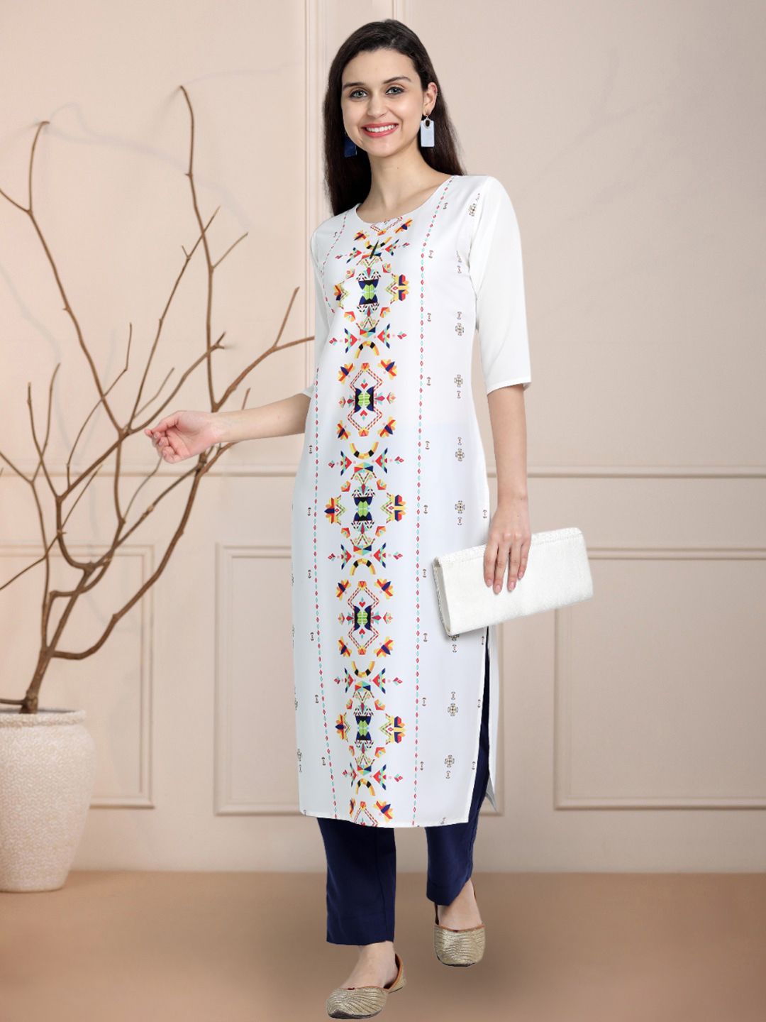 

Moda Rapido Geometric Printed Round Neck Straight Kurta, White