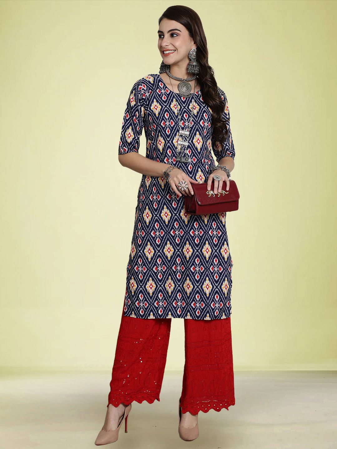 

Moda Rapido Ethnic Motifs Printed Round Neck Straight Kurta, Navy blue