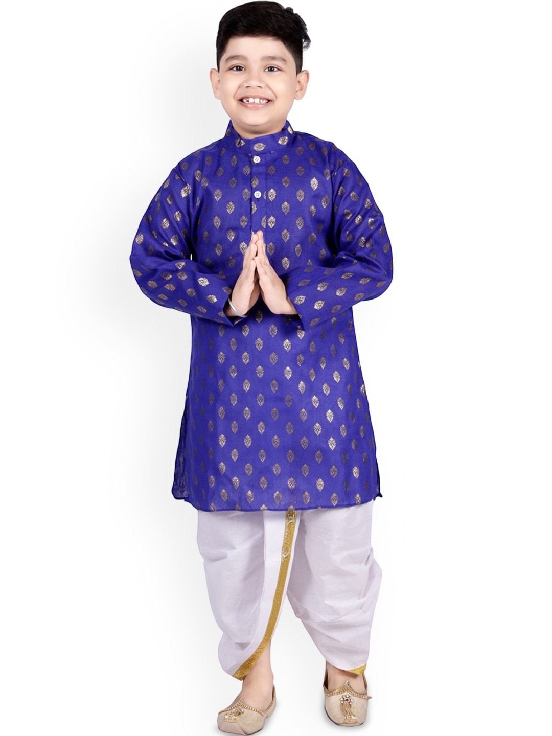 

BAESD Boys Ethnic Motifs Printed Mandarin Collar Straight Kurta with Dhoti Pants, Blue