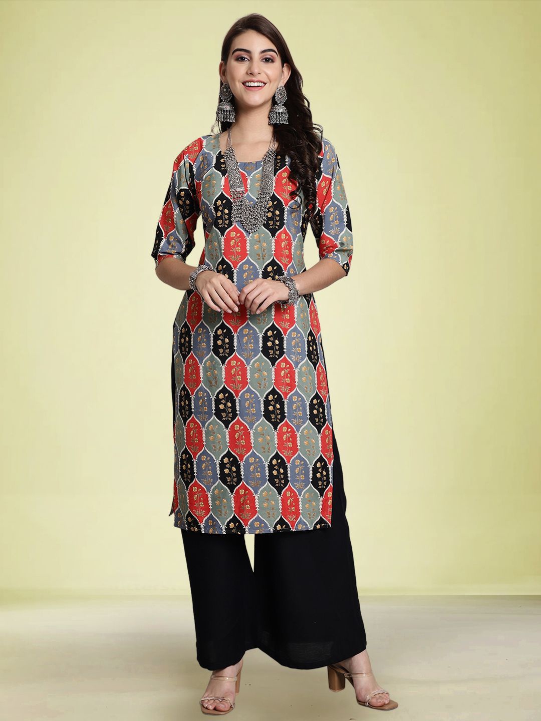 

Moda Rapido Floral Printed Round Neck Straight Kurta, Grey