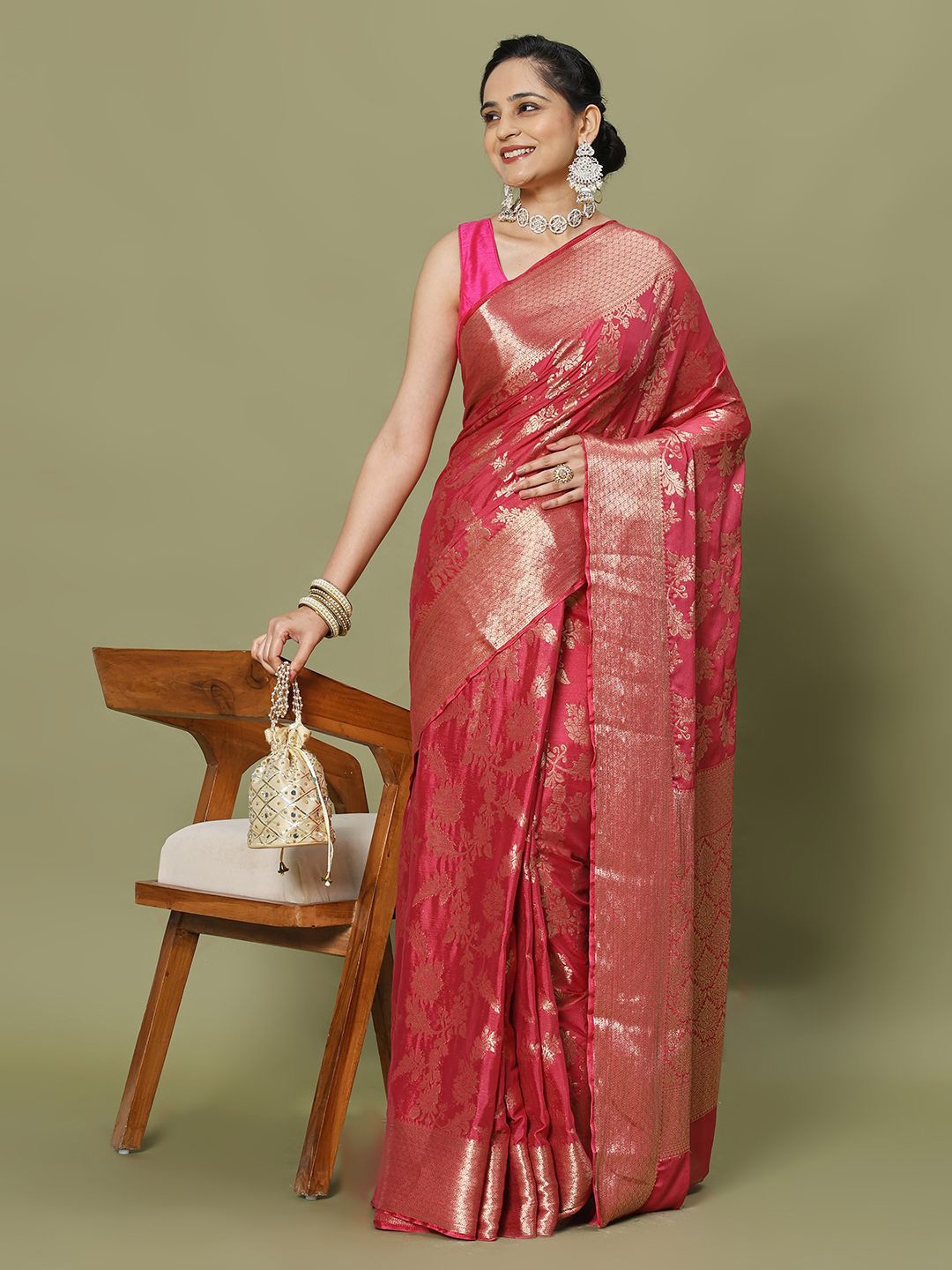 

Meena Bazaar Woven Design Crepe Zari Saree, Pink