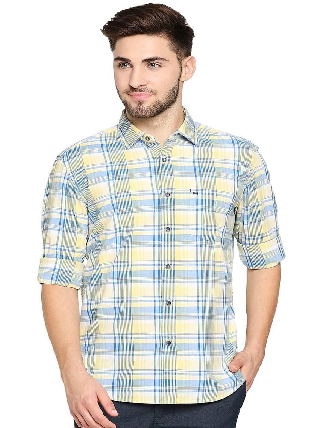 

Basics Men Slim Fit Spread Collar Tartan Checked Cotton Casual Shirt, Yellow