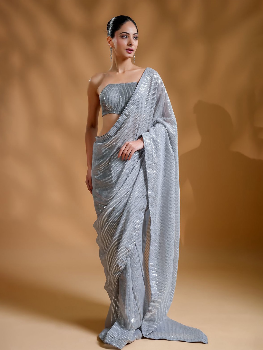 

HANDME Ready to Wear Sequin Saree, Grey