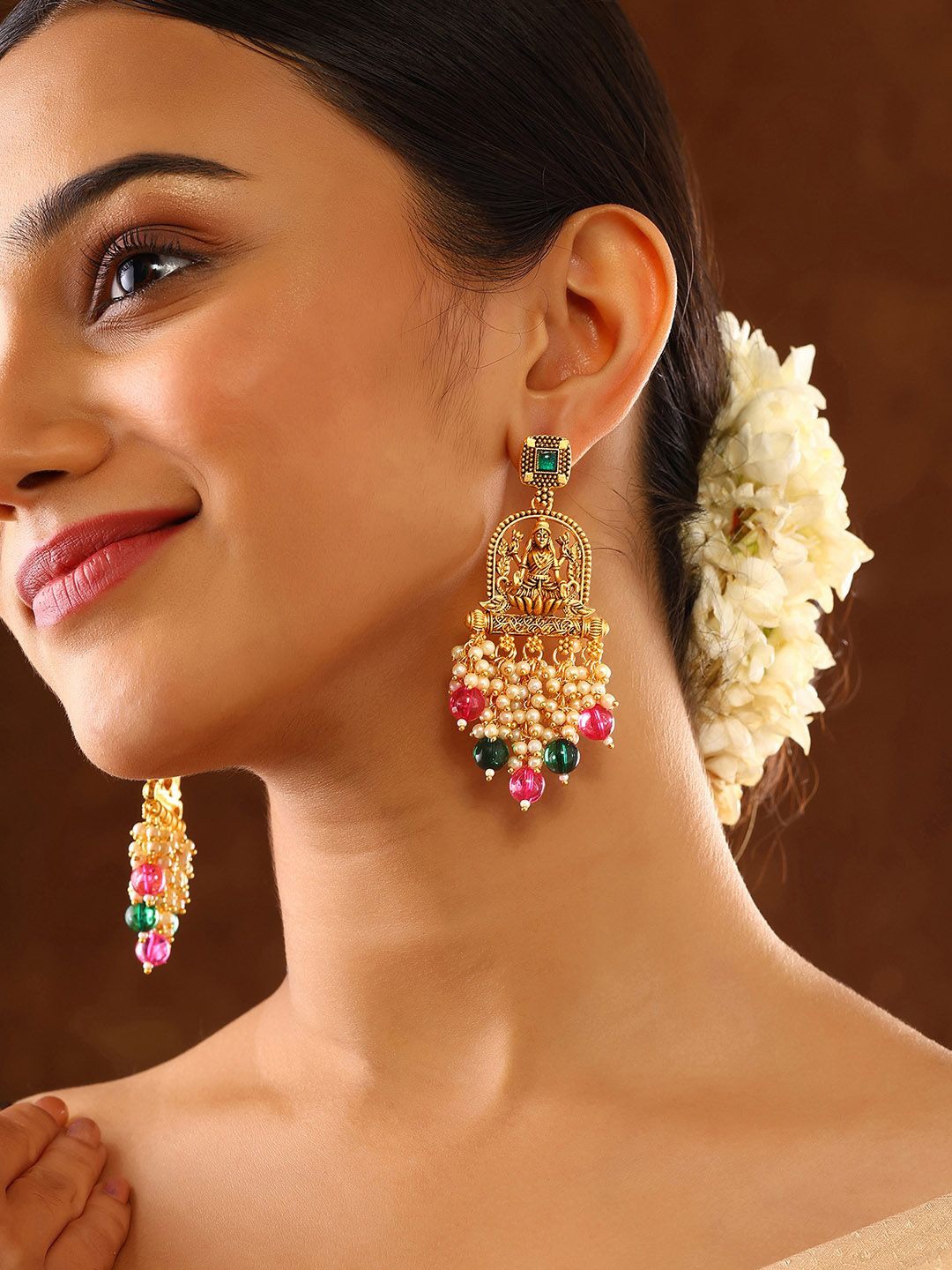 

Priyaasi Gold Plated Stones Studded and Beaded Contemporary Drop Earrings