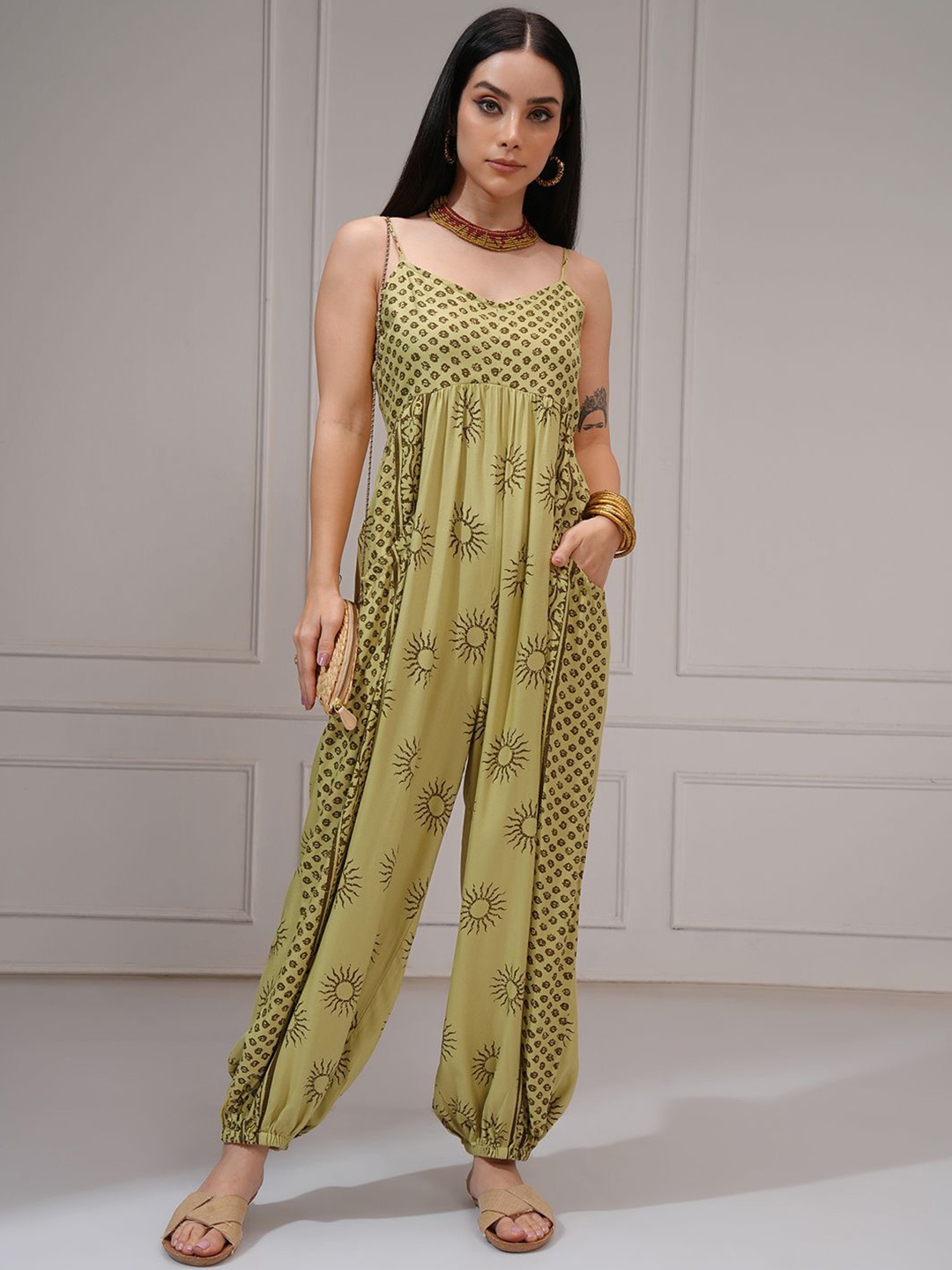 

Vishudh Women Printed Jogger Jumpsuit, Olive