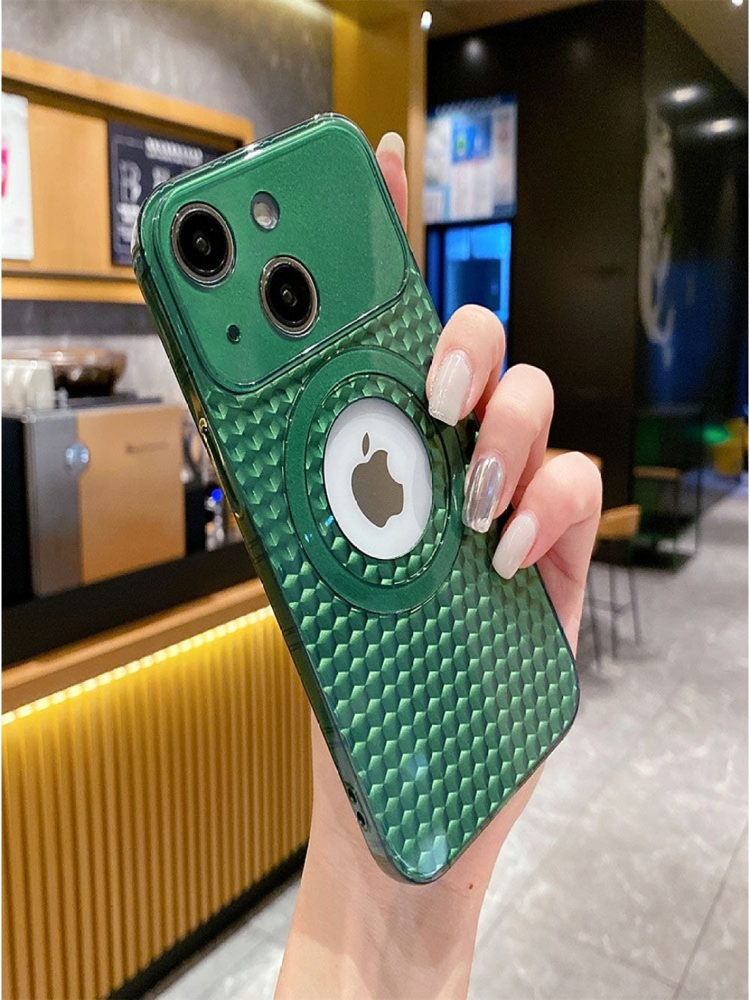 

Luxury Kase LK088 Geometric Printed iPhone 14 Plus Hollow Out Mag-Safe Magnetic Back Case, Green