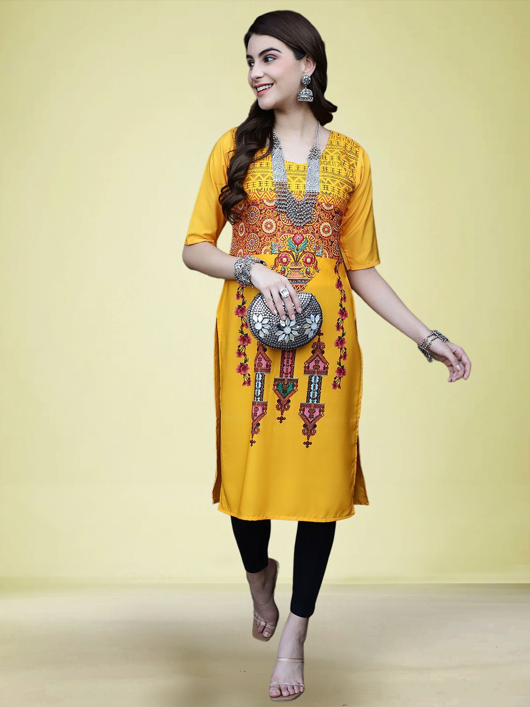 

Moda Rapido Ethnic Motifs Printed Round Neck Straight Kurta, Yellow