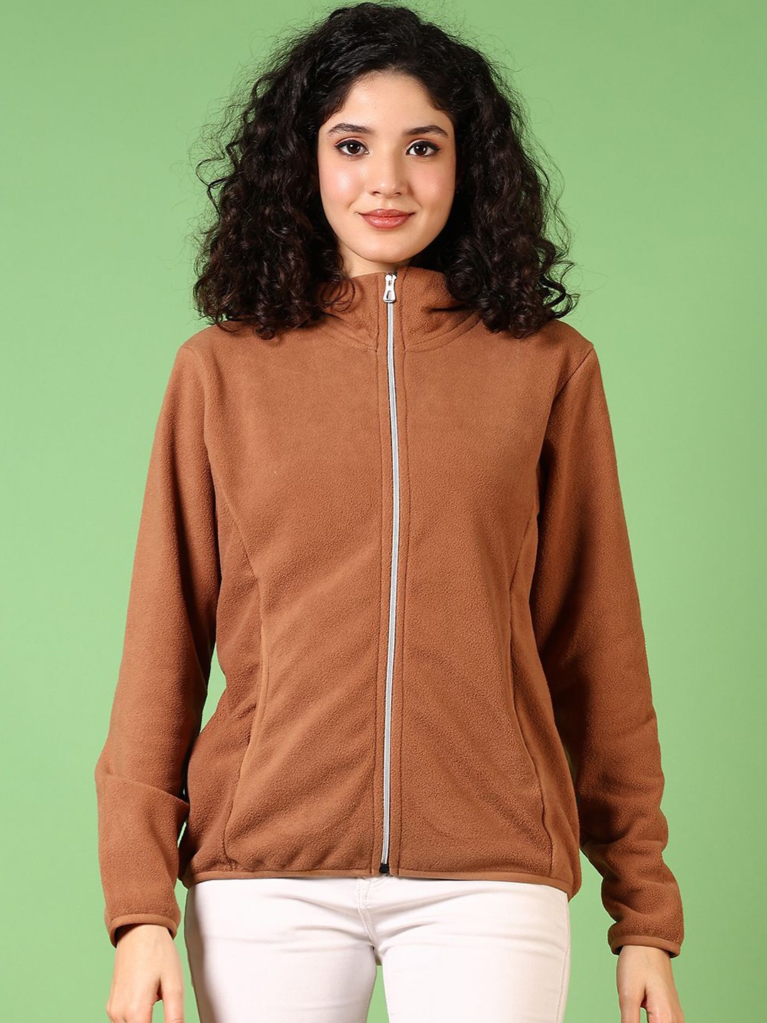 

V-Mart Women Mock Collar Solid Cotton Casual Bomber Jacket, Brown