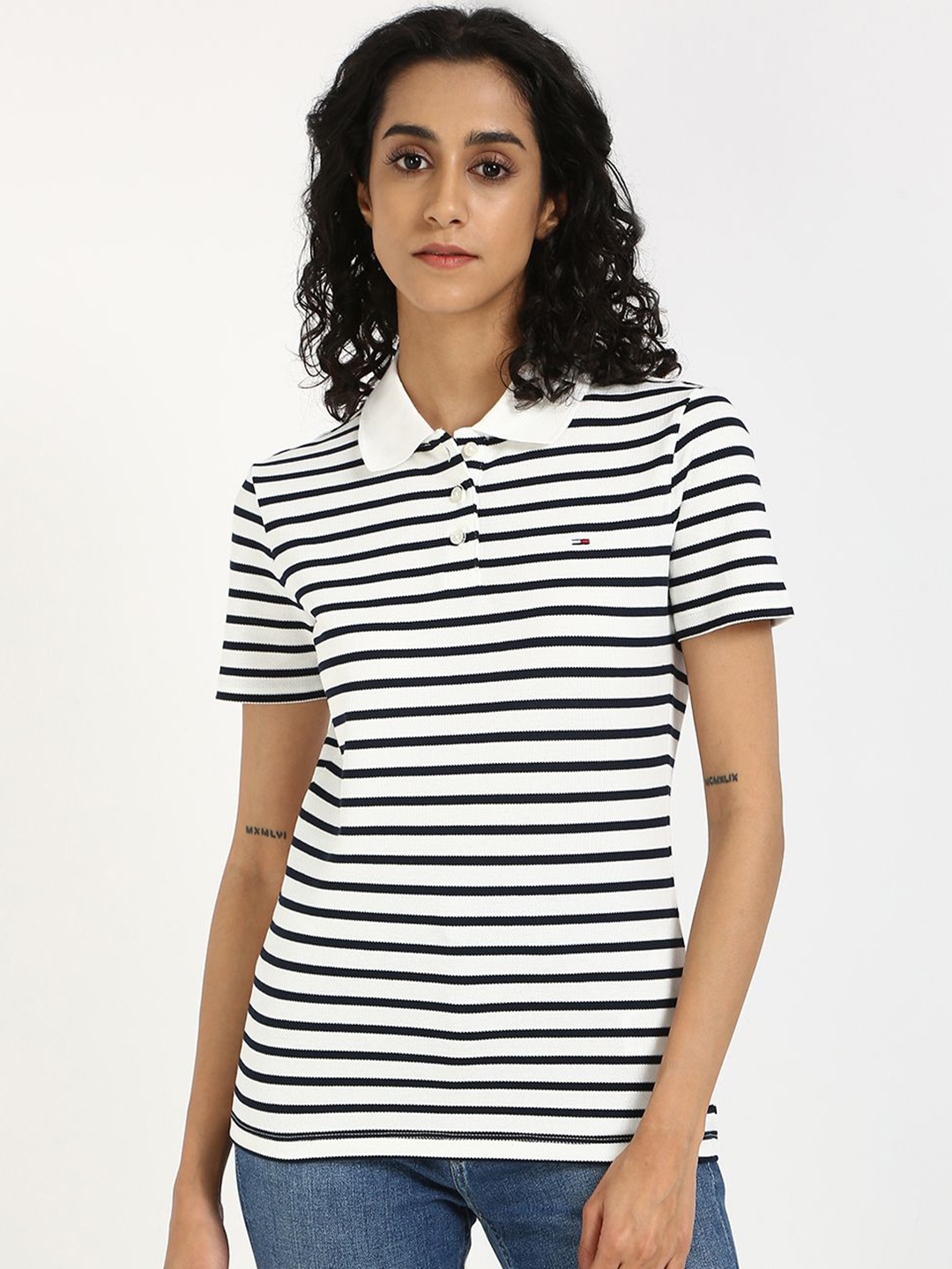 

Tommy Hilfiger Women Striped Polo Collar Cotton Slim Fit T-shirt, White