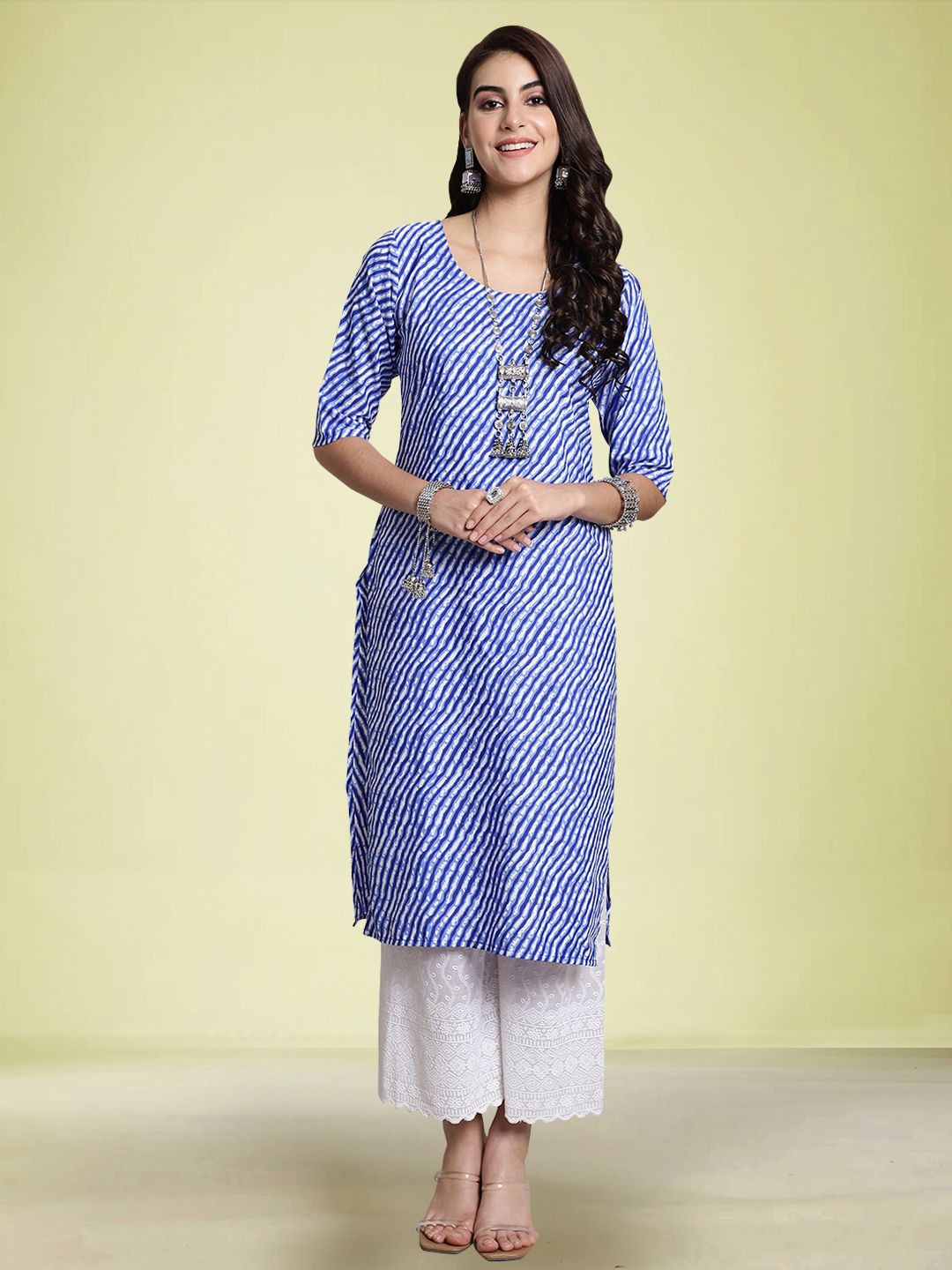 

Moda Rapido Leheriya Printed Round Neck Straight Kurta, Blue