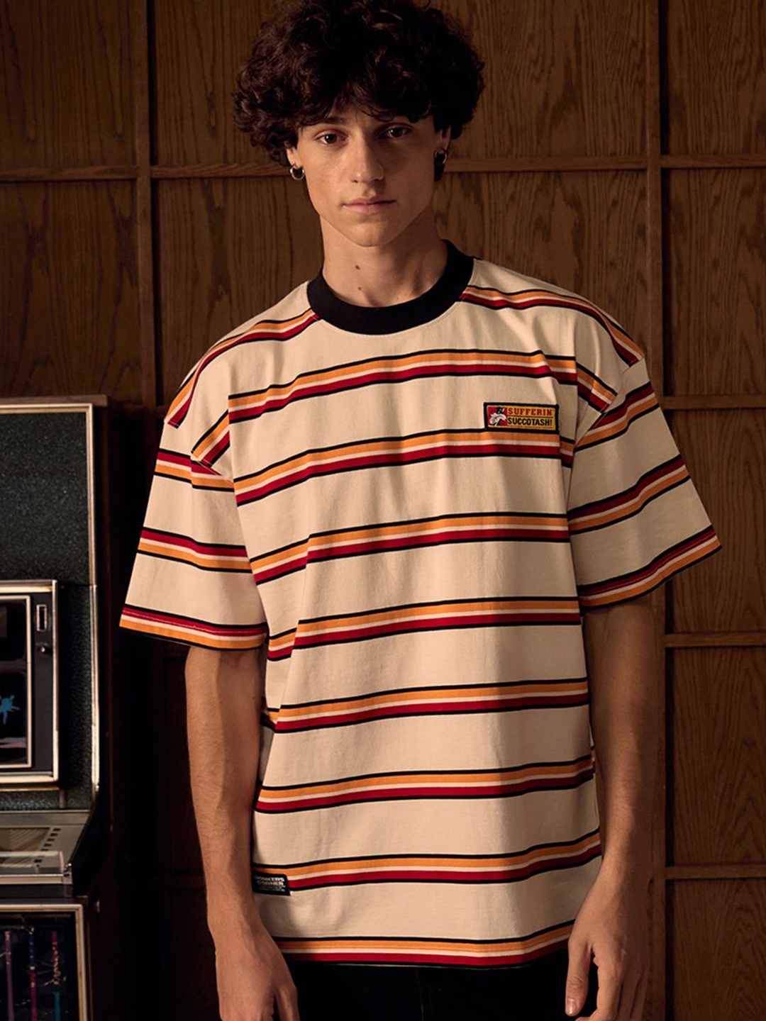 

Bonkers Corner Men Striped Round Neck Cotton Oversized T-shirt, Off white