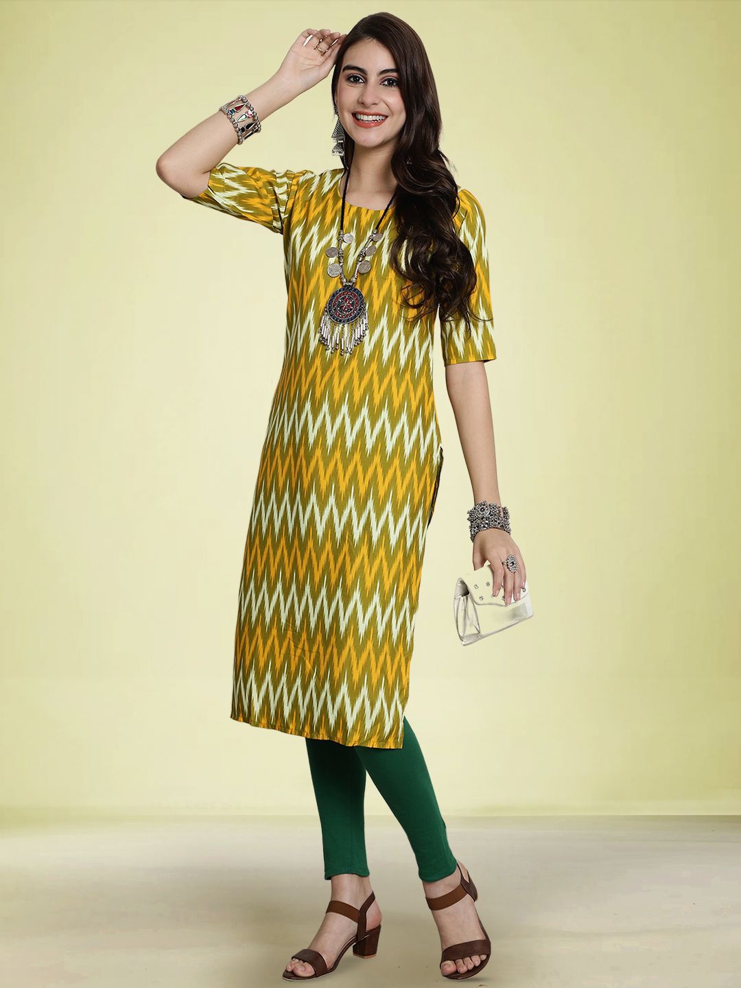 

Moda Rapido Women Geometric Printed Crepe Kurta, Yellow