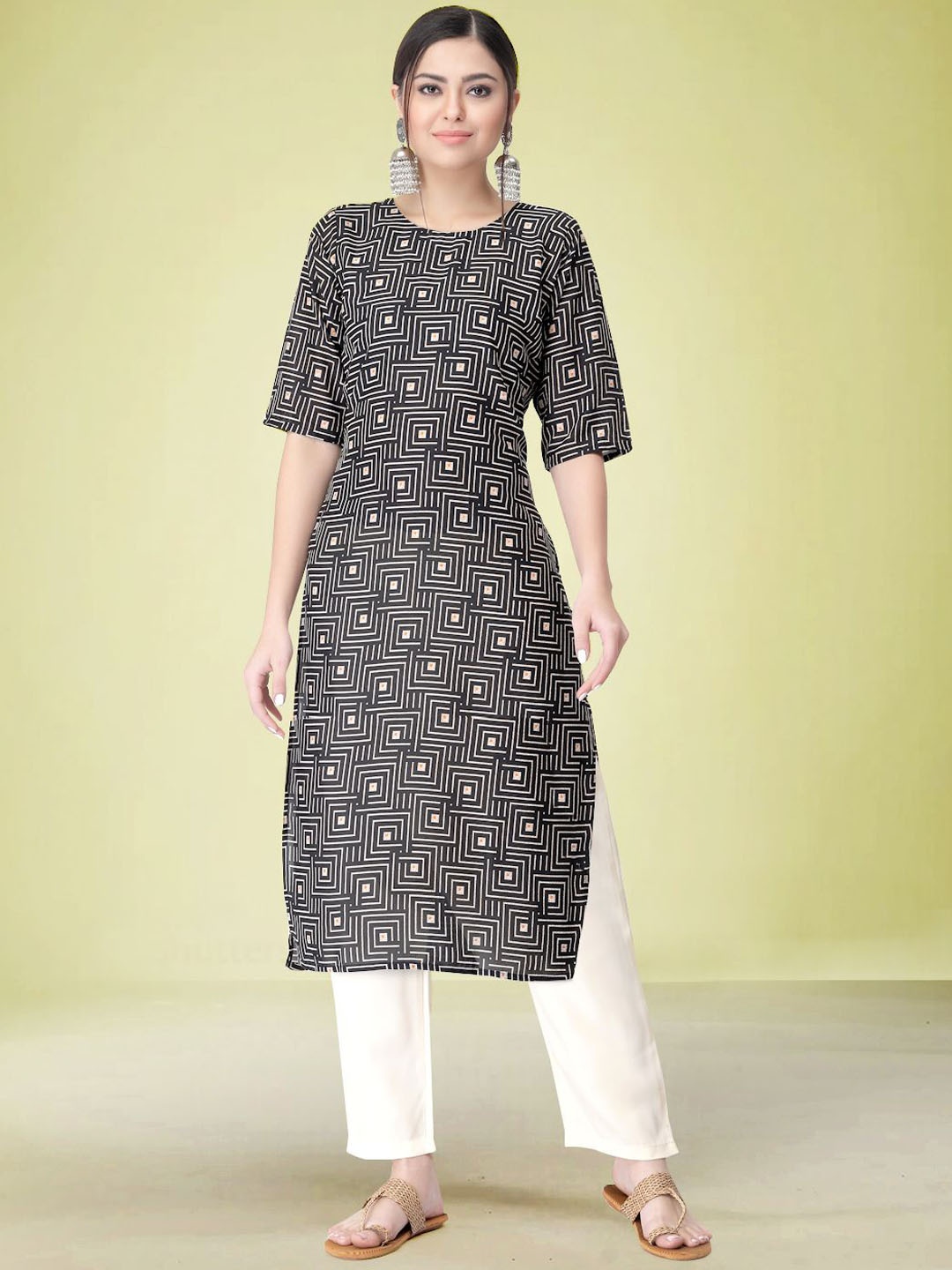 

Moda Rapido Geometric Printed Round Neck Straight Kurta with Trouser, Black