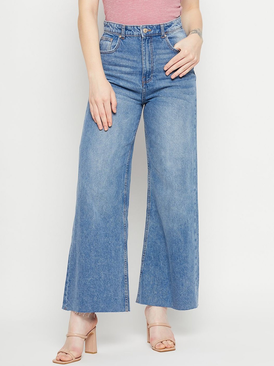 

Madame Women Wide Leg Light Fade Cotton Jeans, Blue