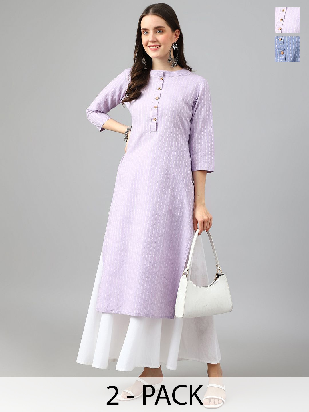 

KALINI Selection Of 2 Striped Round Neck Straight Kurtas, Lavender