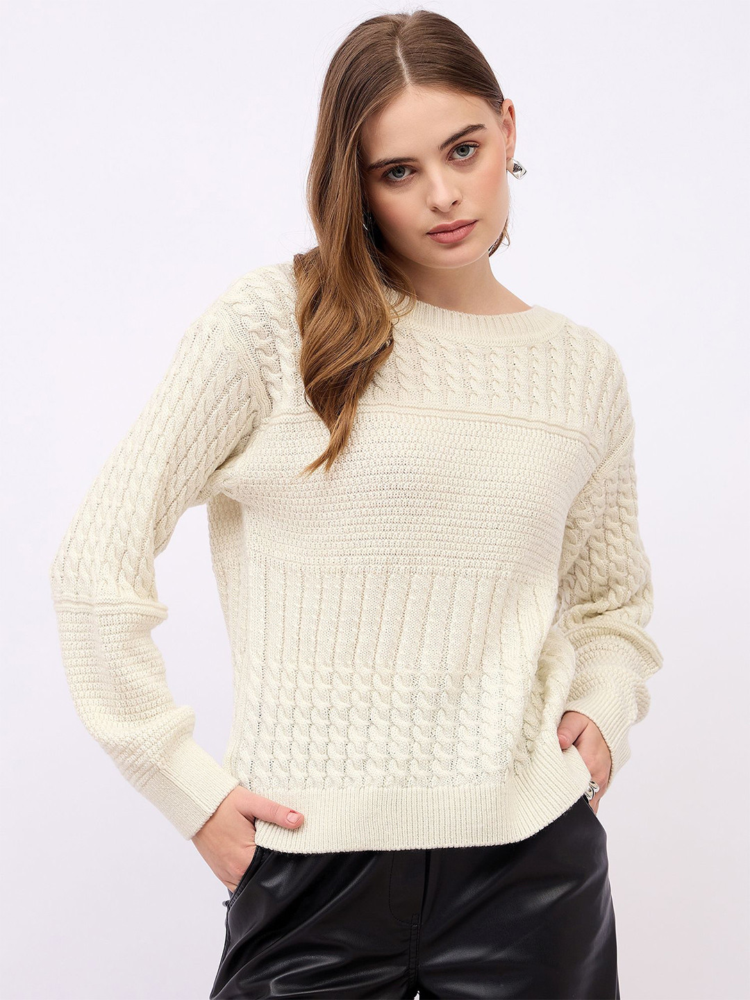 

Styli Women Boat Neck Cable Knit Pullover, White