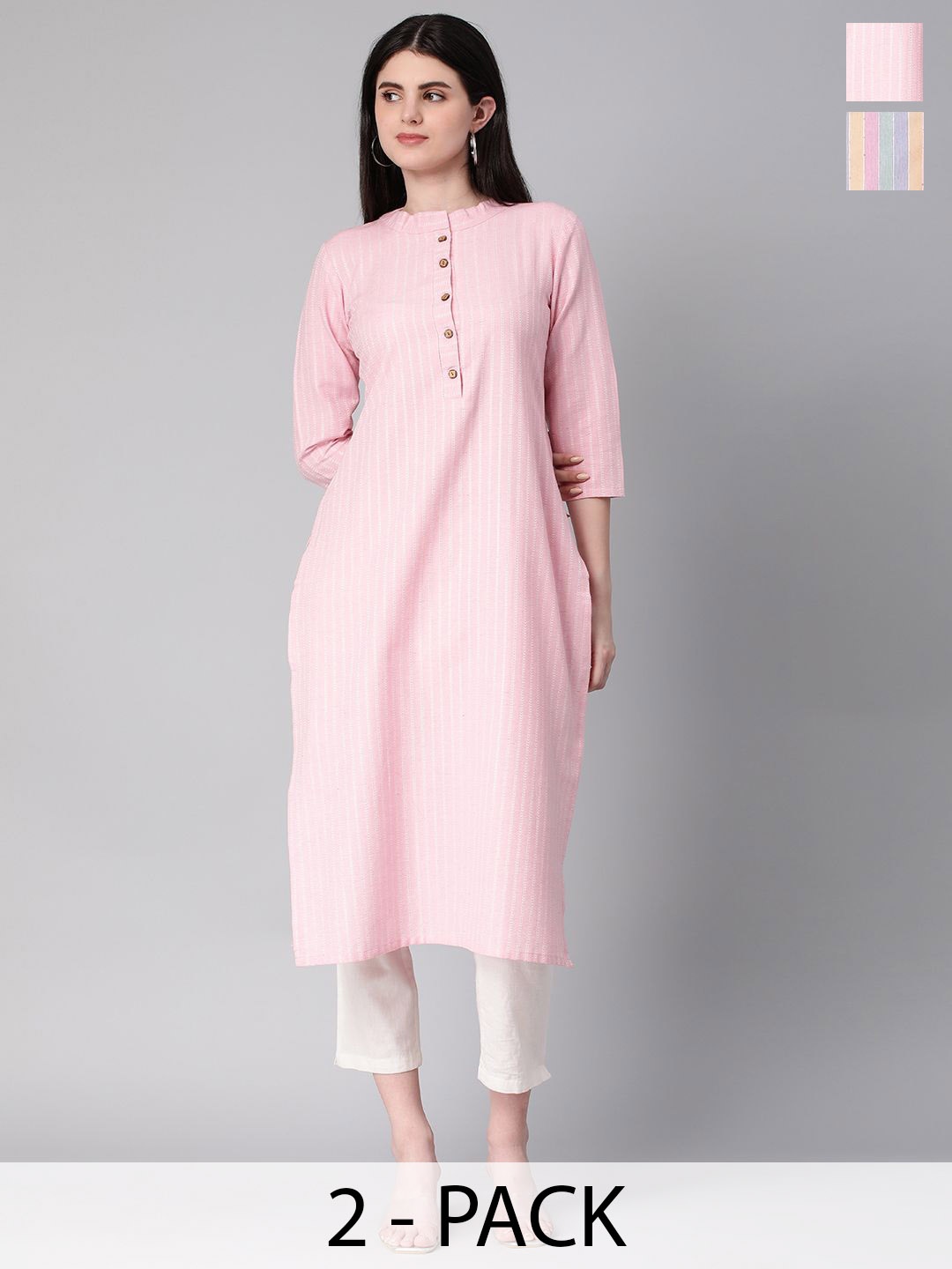 

KALINI Selection Of 2 Striped Mandarin Collar Straight Kurtas, Pink
