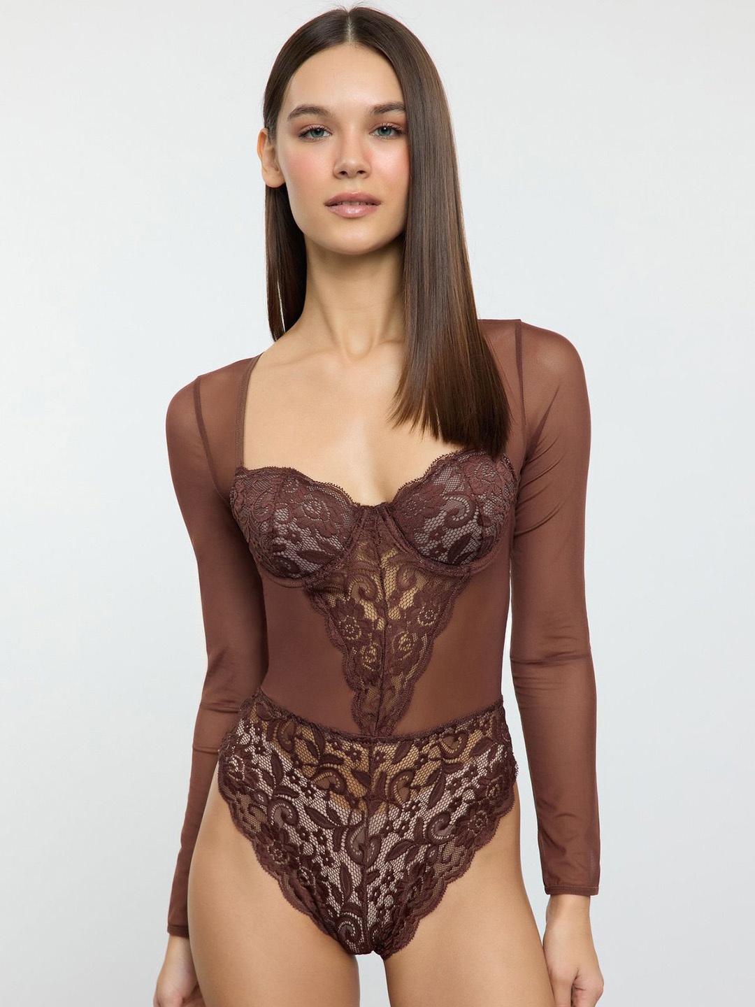 

Trendyol Women Self Design Sweetheart Neck Bodysuit, Brown