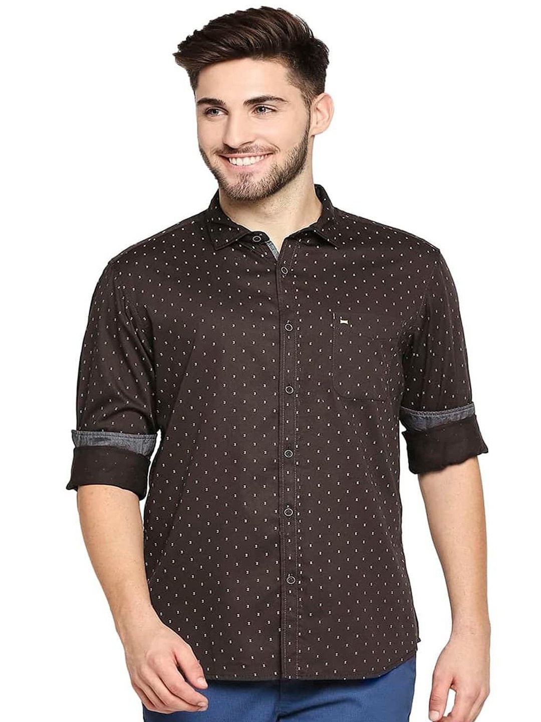 

Basics Men Slim Fit Spread Collar Micro Ditsy Printed Cotton Casual Shirt, Brown