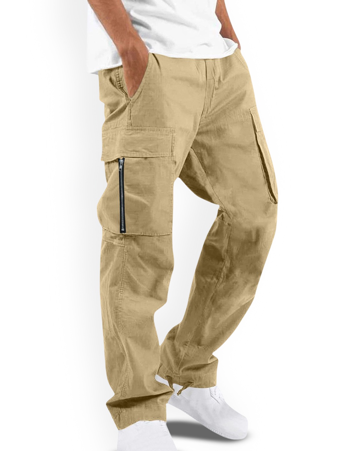 

StyleCast x Revolte Men Pleated Regular Fit Mid-Rise Cargos Trousers, Khaki