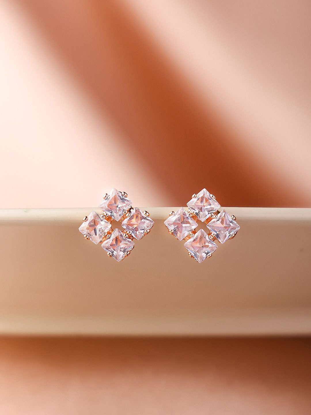 

PRITA Rose Gold Plated American Diamond Crystal Studded Square Shaped Studs