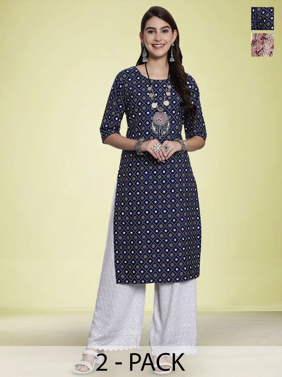 

Moda Rapido Selection Of 2 Geometric Printed Round Neck Straight Kurtas, Navy blue