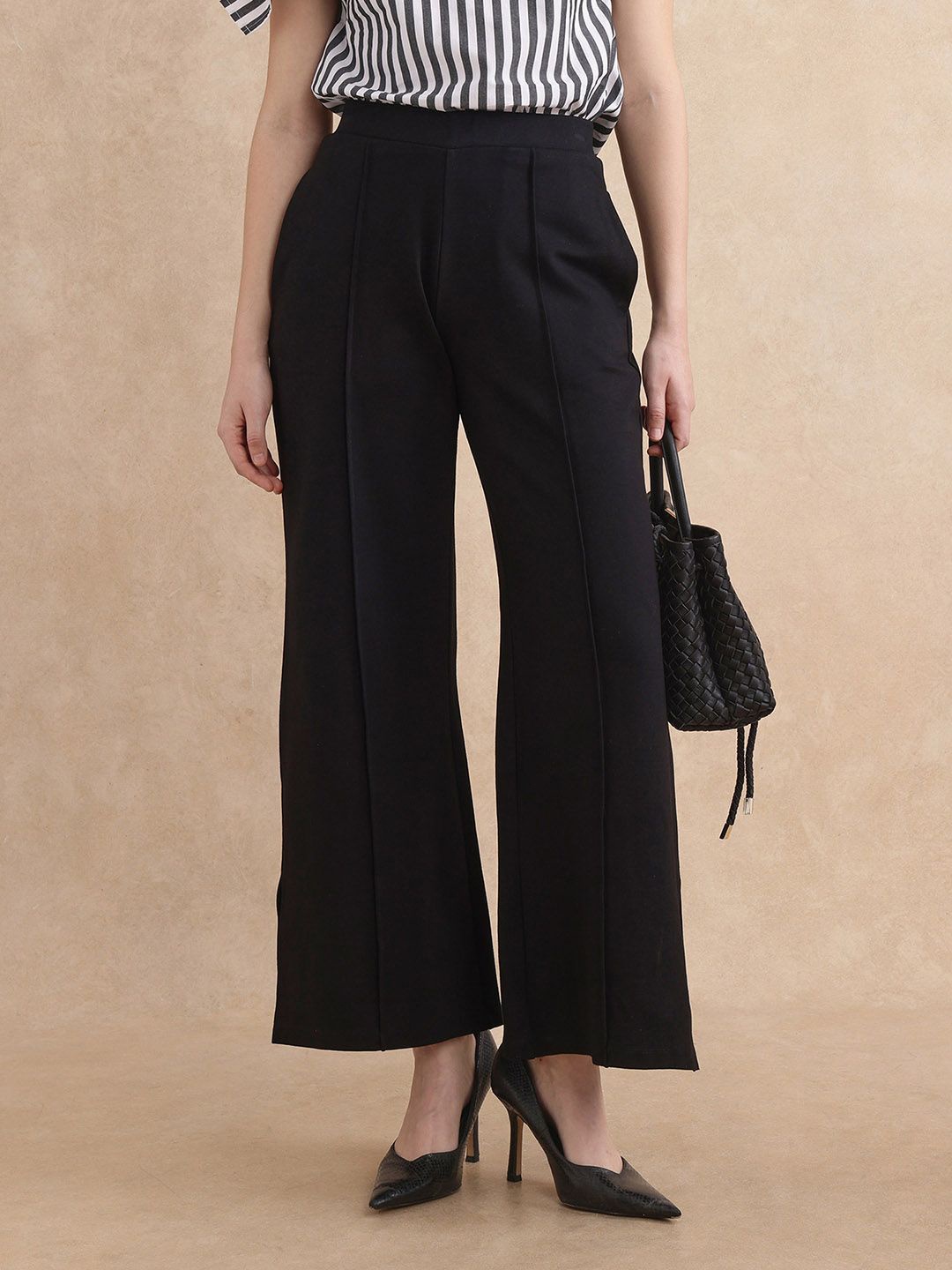 

RAREISM Women Tailored Slim Fit High-Rise Trousers, Black