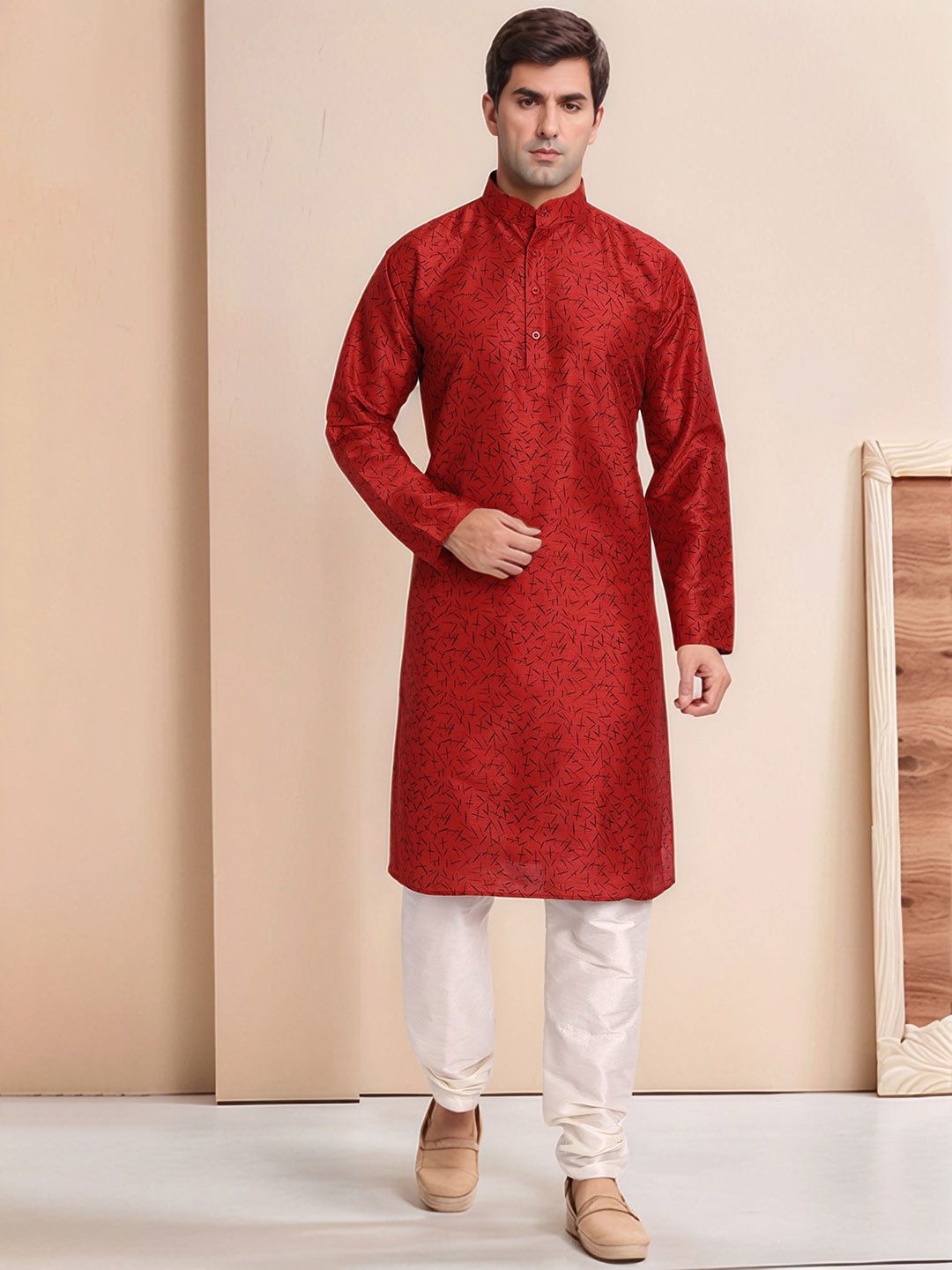 

Moda Rapido Geometric Printed Mandarin Collar Straight Kurta With Pyjama, Red